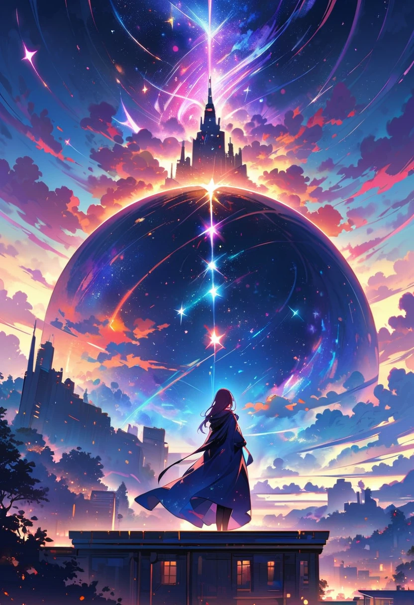 Female figure standing on the roof of a high-rise building, (Roof Focus), Surrounded by a vortex of cosmic energy, dreaming, Hazy landscape, The flowing starlight wraps around the human figure, A flowing robe that blends in with the galaxy, The sky is a tapestry of deep purples and blues, The stars shine, The scenery below is a series of rolling high-rise buildings, The scene was quiet and solemn, A way to capture the majestic essence of the universe, Contemplative figure standing in awe, Ultra HD, masterpiece, precise, anatomically correct, best quality, 8k