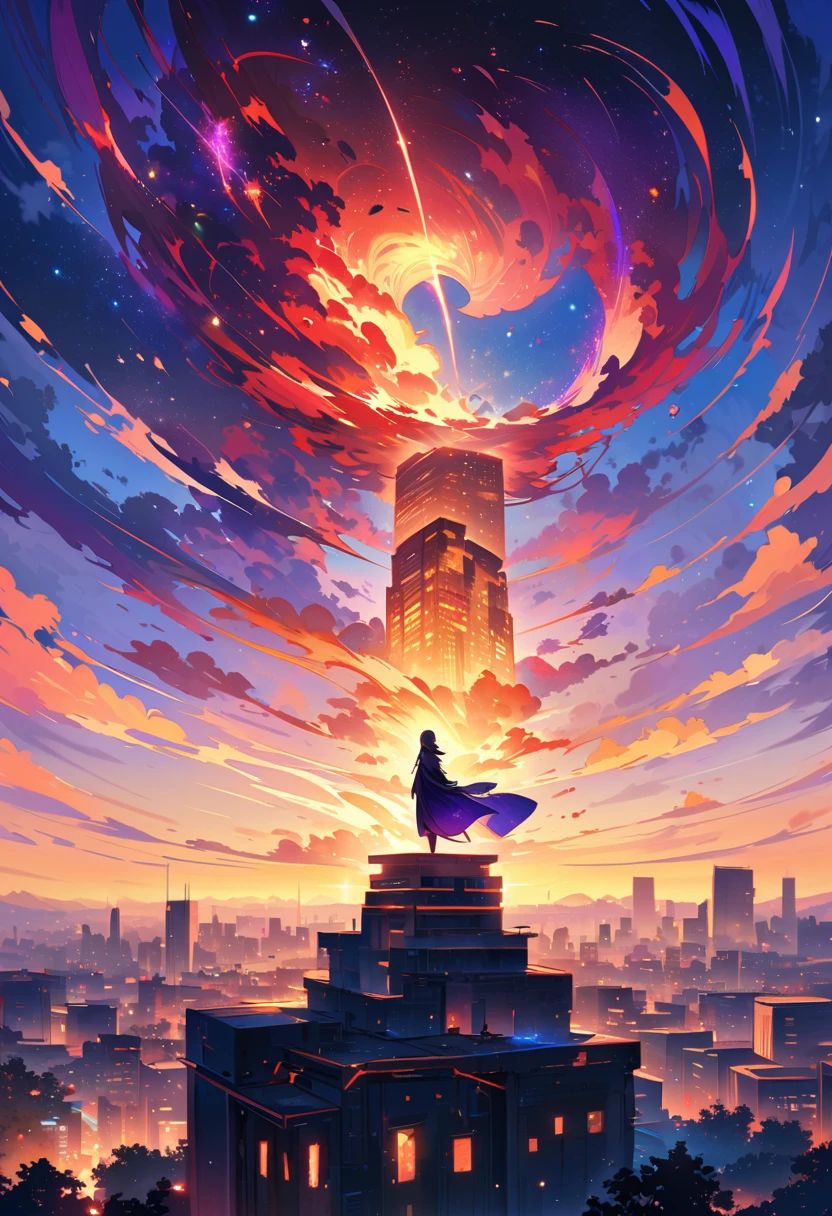 Female figure standing on the roof of a high-rise building, (Roof Focus), Surrounded by a vortex of cosmic energy, dreaming, Hazy landscape, The flowing starlight wraps around the human figure, A flowing robe that blends in with the galaxy, The sky is a tapestry of deep purples and blues, The stars shine, The scenery below is a series of rolling high-rise buildings, The scene was quiet and solemn, A way to capture the majestic essence of the universe, Contemplative figure standing in awe, Ultra HD, masterpiece, precise, anatomically correct, best quality, 8k