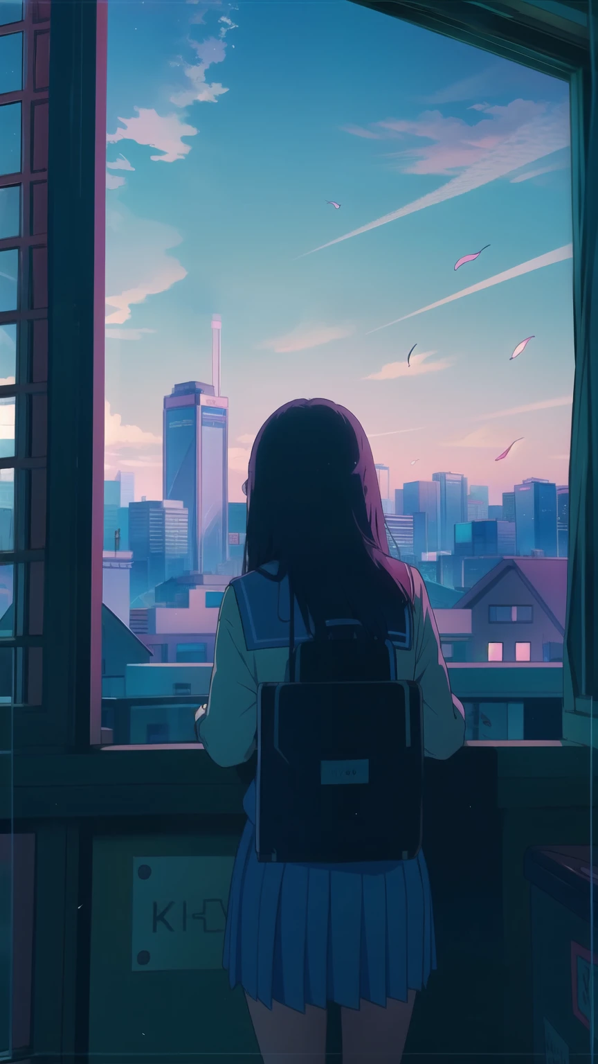 ((Ultra-detailed)),(Skyscraper:1.5),((Detailed lighting)),Back view,silhouette,evening,(Pinkish clouds:1.2),noisy,((Girl looking at the schoolyard from the school window 1:1.5)),lots of things,(Long hair swaying in the wind),wear sailor uniform,Anime aesthetics,90s nostalgia and comfort,Lo-Fi,Lo-Fi女子,Anime Style,Expressed with a distinctive delicate and poetic touch,Surreal, Best Quality,8K,High resolution