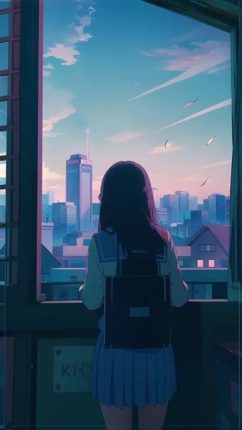 ((Ultra-detailed)),(Skyscraper:1.5),((Detailed lighting)),Back view,silhouette,evening,(Pinkish clouds:1.2),noisy,((Girl looking...