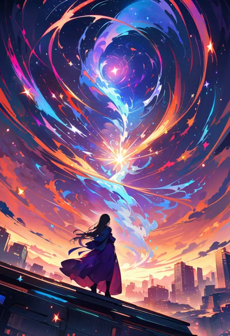 Female figure standing on the roof of a high-rise building, (Roof Focus), Surrounded by a vortex of cosmic energy, dreaming, Haz...