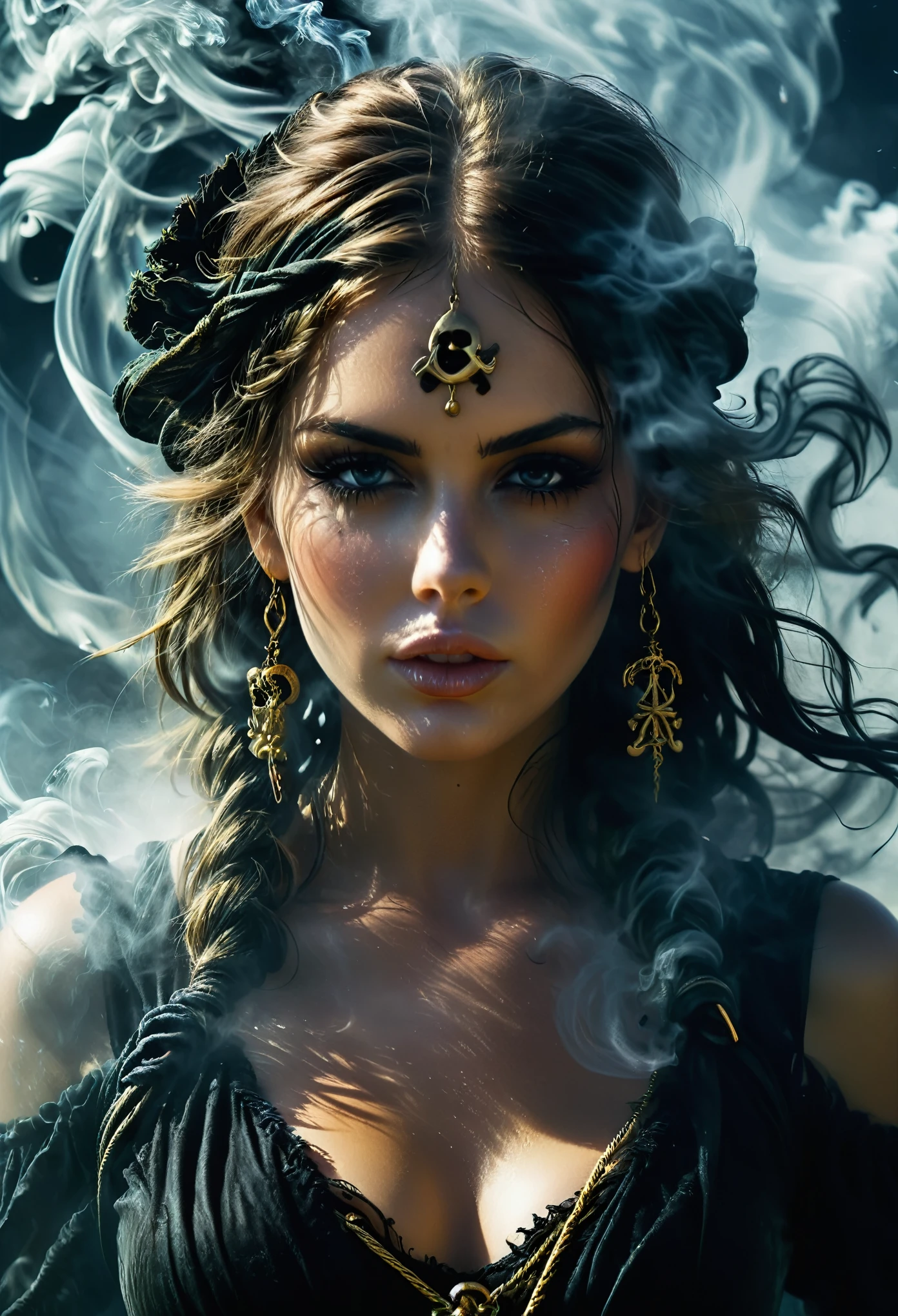 DonM3l3m3nt4lXL, Pirate girl made of smoke, swirling water around ,perfect face
