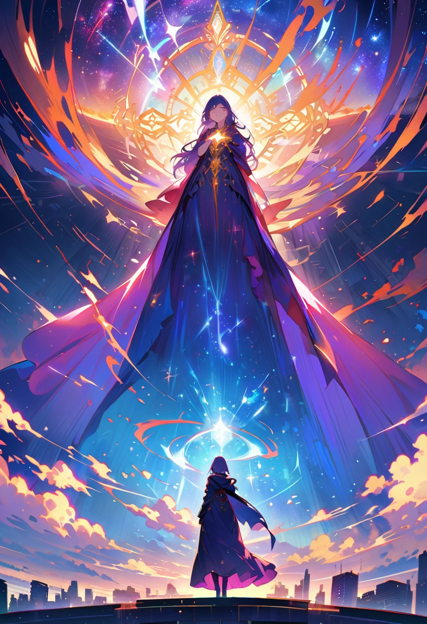 Female figure standing on the roof of a high-rise building, (Roof Focus), Surrounded by a vortex of cosmic energy, dreaming, Hazy landscape, The flowing starlight wraps around the human figure, A flowing robe that blends in with the galaxy, The sky is a tapestry of deep purples and blues, The stars shine, The scenery below is a series of rolling high-rise buildings, The scene was quiet and solemn, A way to capture the majestic essence of the universe, Contemplative figure standing in awe, Ultra HD, masterpiece, precise, anatomically correct, best quality, 8k