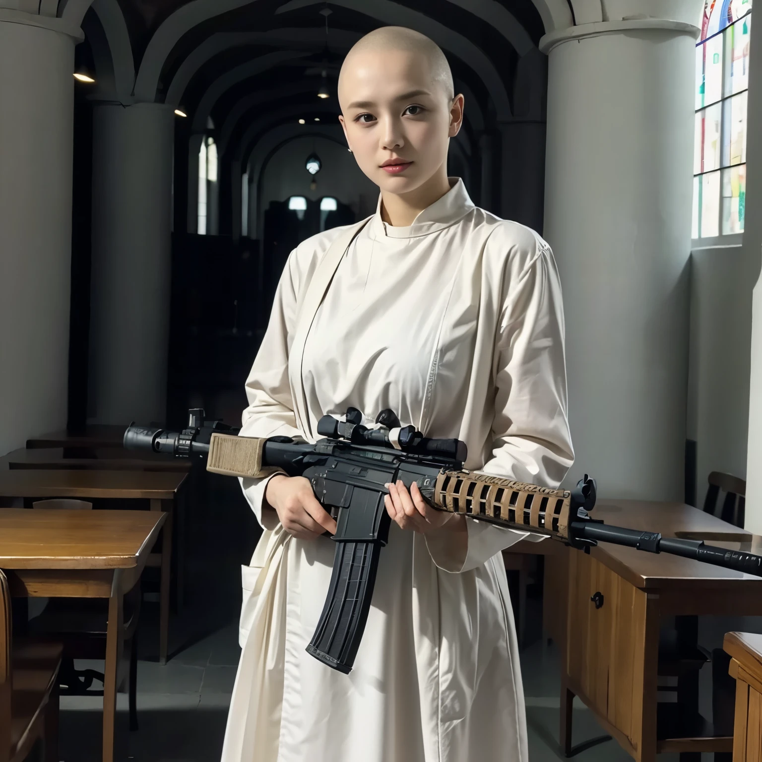 uma freira bonita、Vestindo um monge&#39;o manto:1.3、tiro de vaqueiro、seios grandes、(skinhead:1.55)、(Apontando o rifle de assalto Groza para o espectador:1.67)、pose dinâmica、De pé no altar da capela、vitral、Hinos、