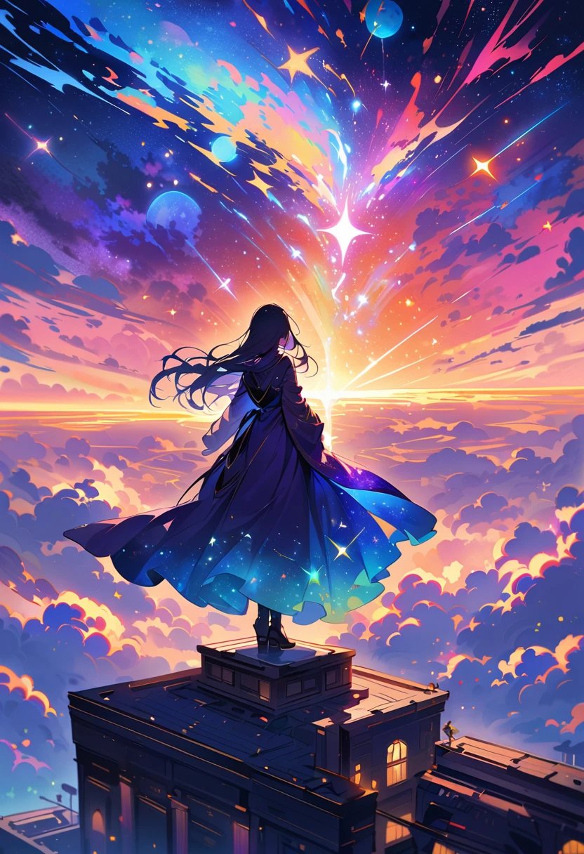 Female figure standing on the roof of a high-rise building, (Roof Focus), Surrounded by a vortex of cosmic energy, dreaming, Hazy landscape, The flowing starlight wraps around the human figure, A flowing robe that blends in with the galaxy, The sky is a tapestry of deep purples and blues, The stars shine, The scenery below is a series of rolling high-rise buildings, The scene was quiet and solemn, A way to capture the majestic essence of the universe, Contemplative figure standing in awe, Ultra HD, masterpiece, precise, anatomically correct, best quality, 8k