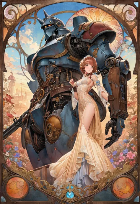 ((masterpiece)), (highest quality), art nouveau watercolor ,They are two robots walking down the street with guns.., Detailed Mo...