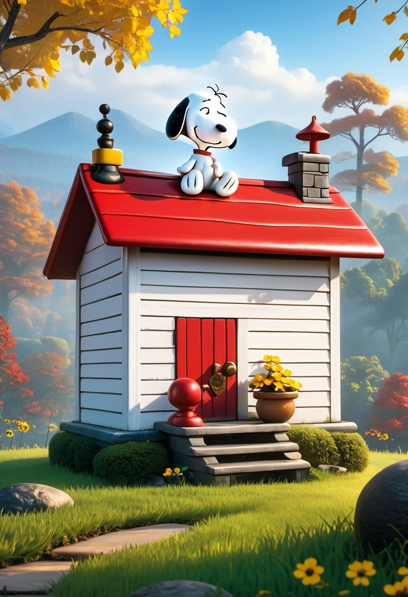 #quality(8k,wallpaper of extremely detailed CG unit, ​masterpiece,hight resolution,top-quality,top-quality real texture skin,hyper realisitic,increase the resolution,RAW photos,best qualtiy,highly detailed,the wallpaper,cinematic,golden ratio), BREAK ,(snoopy\(peanuts\) is sitting at the top of snoopy's house:2.0),#1boy(snoopy\(peanuts\),white,black ears,black muzzle,red collar,),#snoopy's house(doghouse,white,roof is red,tiny,small),#background(grassfield),from side,(solo:1.8)