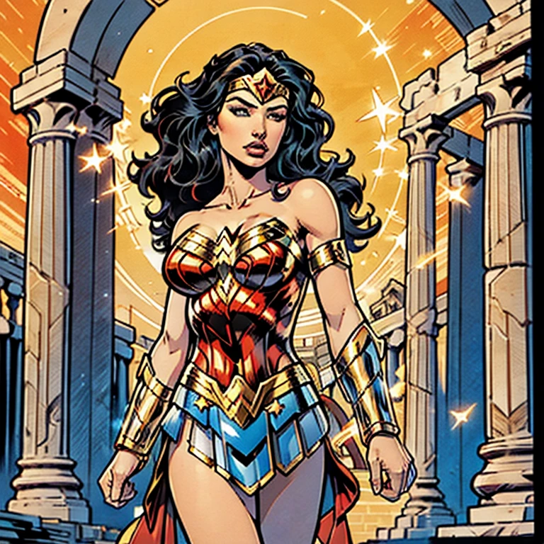 Dessine une belle femme blanche, c&#39;est une déesse demi-dieu, Wonder Woman, elle porte une armure grecque rouge avec un symbole d&#39;oiseau doré sur sa poitrine, elle a un diadème doré avec une étoile rouge, elle porte des bracelets en platine sur ses bras, elle a de longs cheveux noirs, Elle a de beaux yeux, son visage est joli, il y a un temple grec derrière elle, très beau, Ultra résolution, 4K, 8k, chef-d&#39;œuvre, très détaillé, image de style bande dessinée américaine, image de lignes simples et douces
