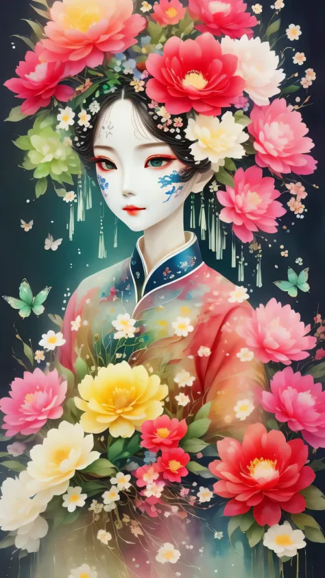 watercolor painting：1.37，wet，flowing water marks。1 puppet，mechanical doll，empty gaze among flowers，white mask surrounded by flow...