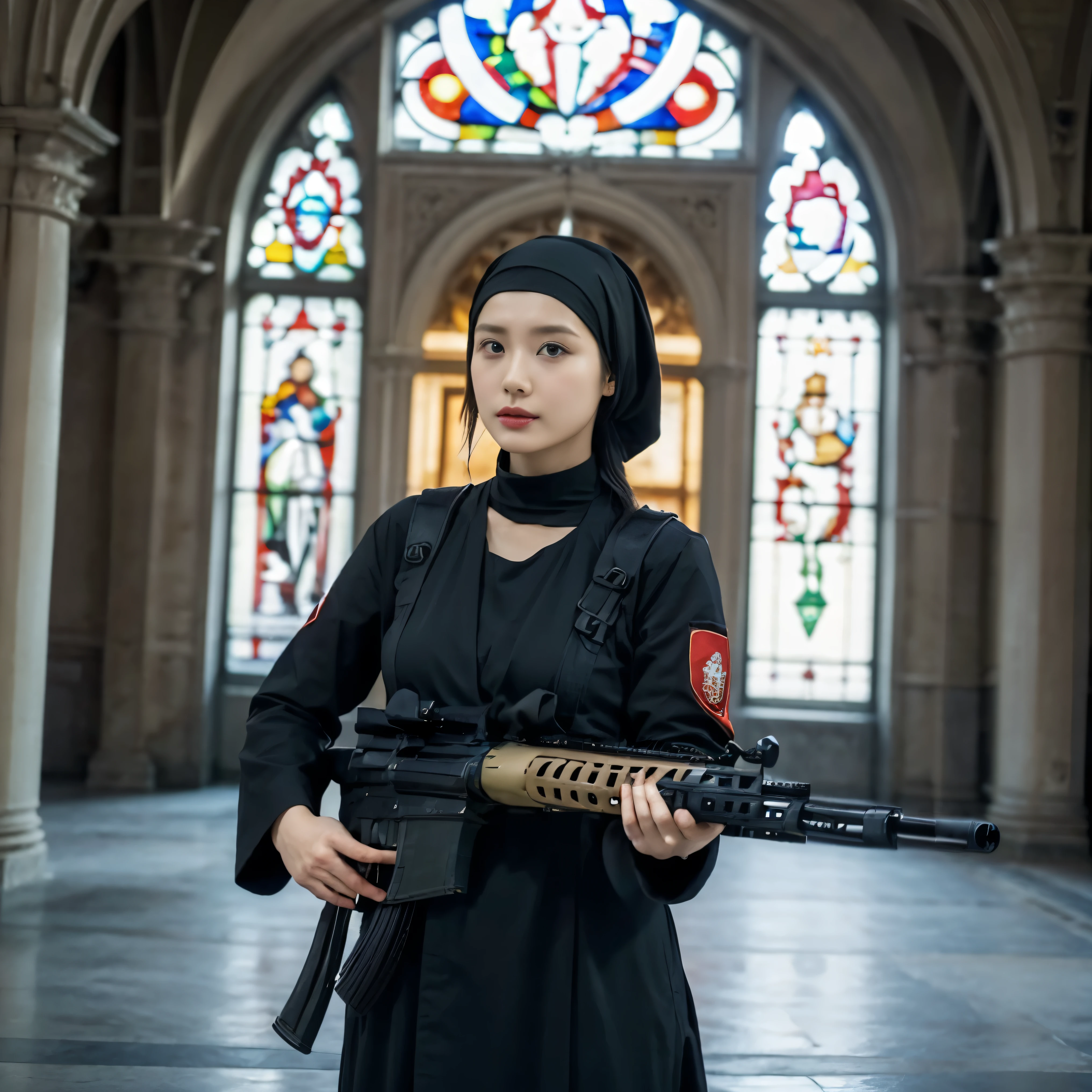 A beautiful nun、very beautiful、Wearing a monk&#39;s robe:1.3、Cowboy Shot、Big Breasts、(Skinhead:1.55)、(Aiming the Groza assault rifle at the viewer:1.67)、Dynamic Pose、Standing at the altar of the chapel、Stained glass、Hymns、