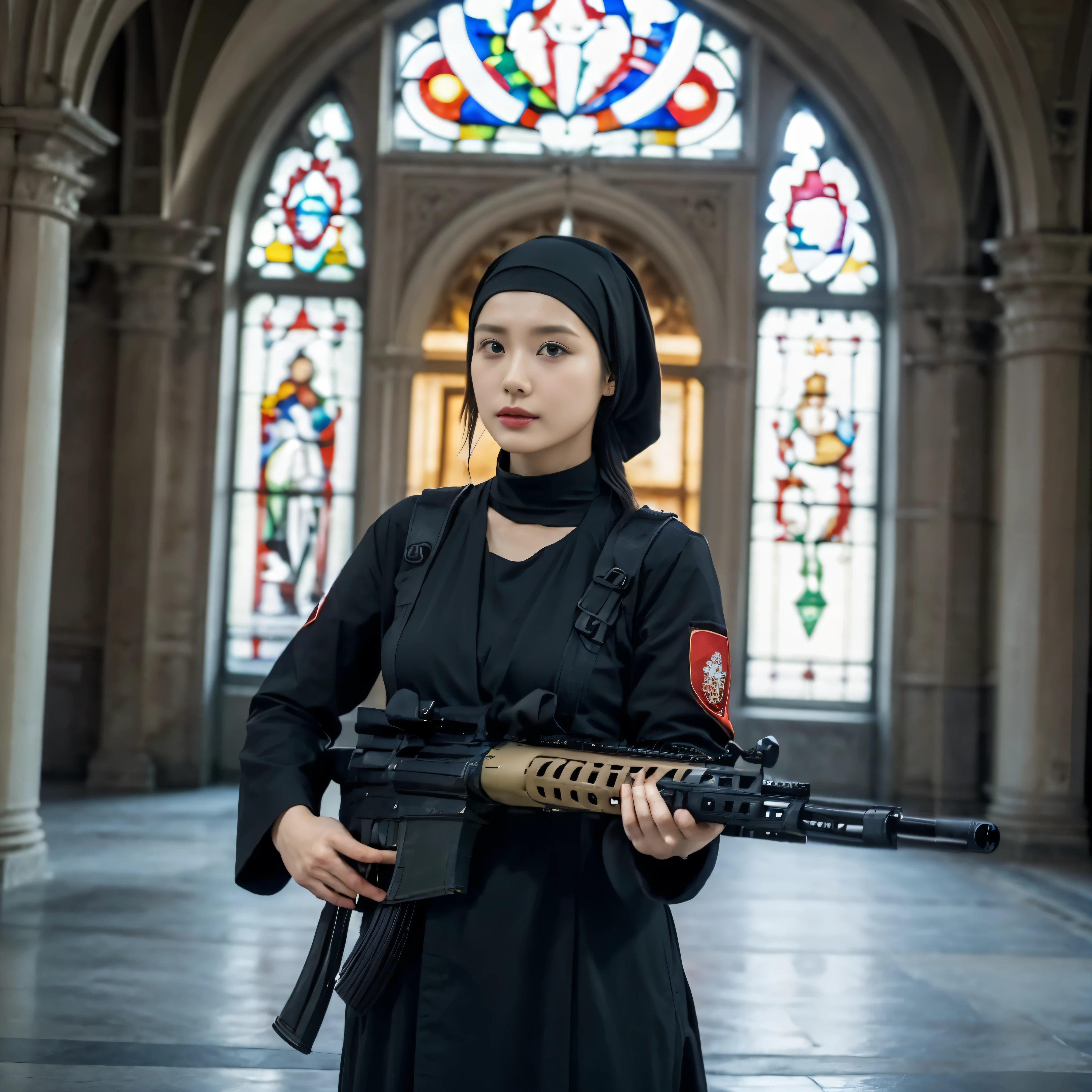 Une belle religieuse、Très beau、Porter un moine&#39;la robe:1.3、tir de cow-boy、Gros seins、(skinhead:1.55)、(Pointer le fusil d&#39;assaut Groza sur le spectateur:1.67)、pose dynamique、Debout à l&#39;autel de la chapelle、Vitrail、Hymnes、