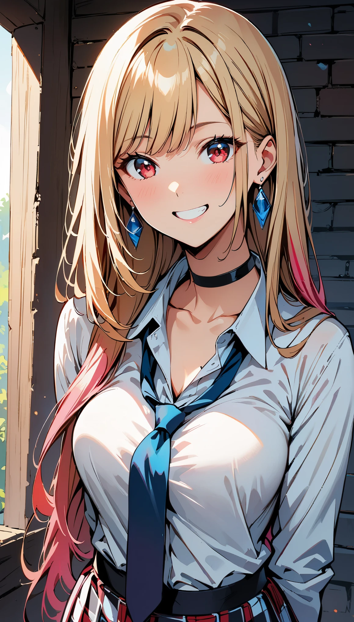 (highest quality:1.2, Comic Artwork, Comic book style, Very detailed, up to date, Vibrant, digital coloring, High Contrast, masterpiece:1.2, Best Quality, Best aesthetics, aya), (((Kitagawa Marin, 1 Girl))), Blonde Hair, Long Straight Hair, Pink gradient hair, Red eyes, Earrings, , White shirt, Black choker, Blue tie, Checkered Skirt, Grin, smile, Are standing, Cowboy Shot, Outdoor,