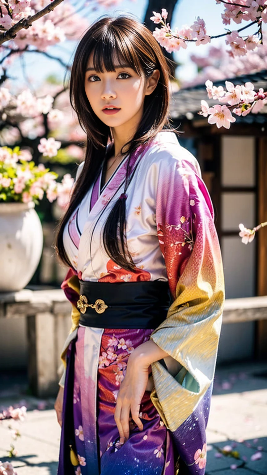 ((精致的服装:1.6),(Traditional kimono with 丰富多彩的 and shiny luxury Japan:1.4),(奢华日本和服:1.4,浅色和彩色的日本和服 ,精细刺绣:1.4)),((落樱:1.6)),(((樱花行),((樱花花瓣飞舞, 樱花暴风雪)),((超详细的场景背景))),休息 ,  1 名女孩, 独自的, 露出皮肤, 非常美丽的女士双手叉腰,(看着观众:1.2), 丰满的, 休息 ,复杂的细节,淘气, 放荡, 完美的手, 详细的手, 完美的眼睛, 细致的眼睛,(严肃的:1.1),(提升:1.2), (晒黑的皮肤:1.1), (动态的 pose) ,休息 ,(渐变灰棕色头发:1.4), (甩头发:1.3), (精灵短发:1.3), (条纹头发:1.2),(齐刘海),狭长的眼睛, 鼻子脸 ,突出的下巴 ,(高鼻子),((长刘海:1.3)),(风:1.45), 实际的, HDR, 超高清, 动态的,(丰富多彩的:1.3) , 绽放光效,