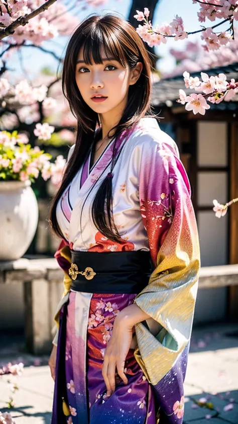 ((elaborate costume:1.6),(Traditional kimono with colorful and shiny luxury Japan:1.4),(Luxury Japanese kimono:1.4,pale and colo...