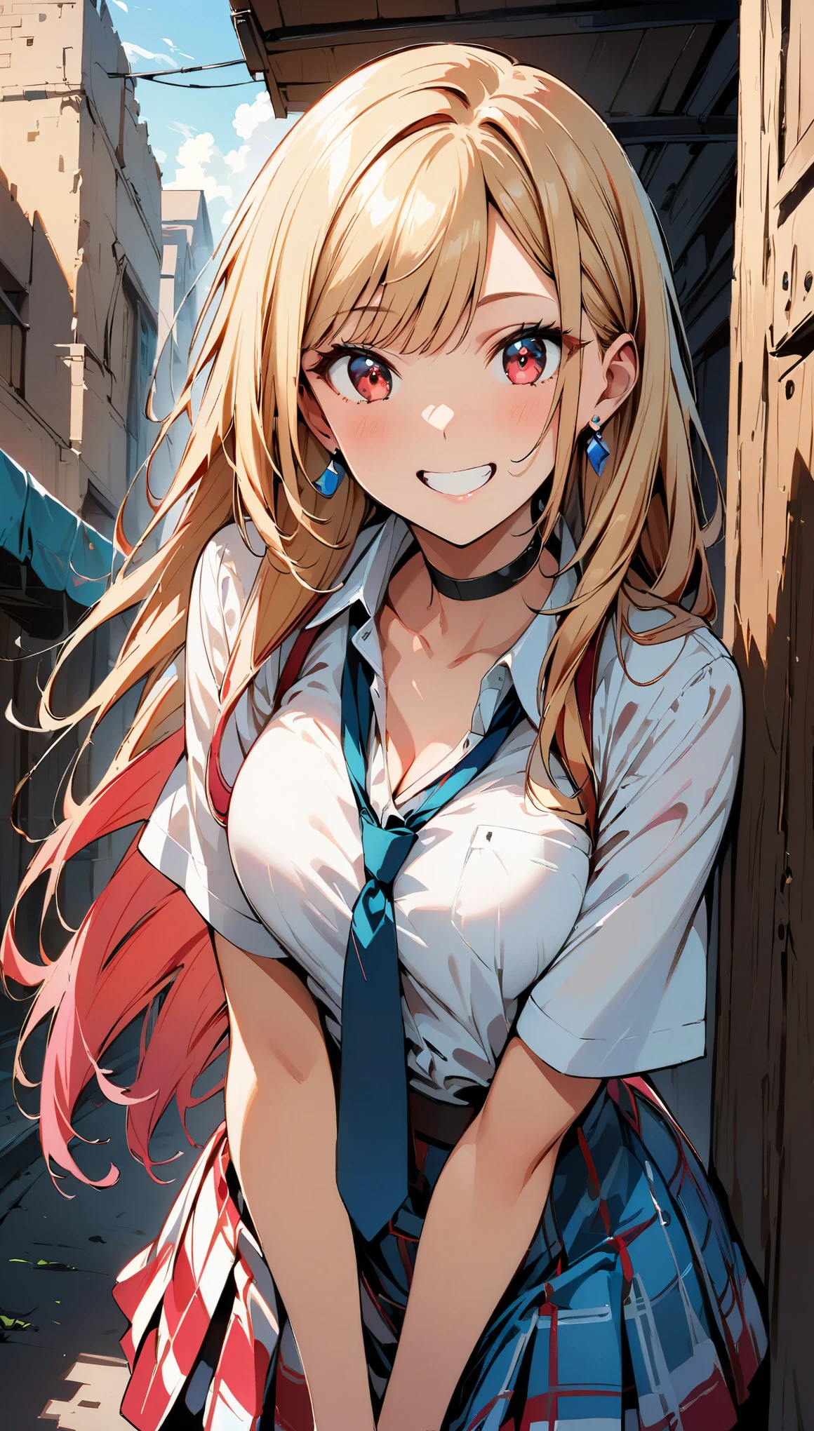 (highest quality:1.2, Comic Artwork, Comic book style, Very detailed, up to date, Vibrant, digital coloring, High Contrast, masterpiece:1.2, Best Quality, Best aesthetics, aya), (((Kitagawa Marin, 1 Girl))), Blonde Hair, Long Straight Hair, Pink gradient hair, Red eyes, Earrings, , shirt, Black choker, Blue tie, Checkered Skirt, Grin, smile, Are standing, Cowboy Shot, Outdoor,