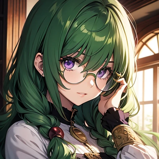 Masterpiece、high resolution、philia、Green Hair、Purple eyes、Glasses