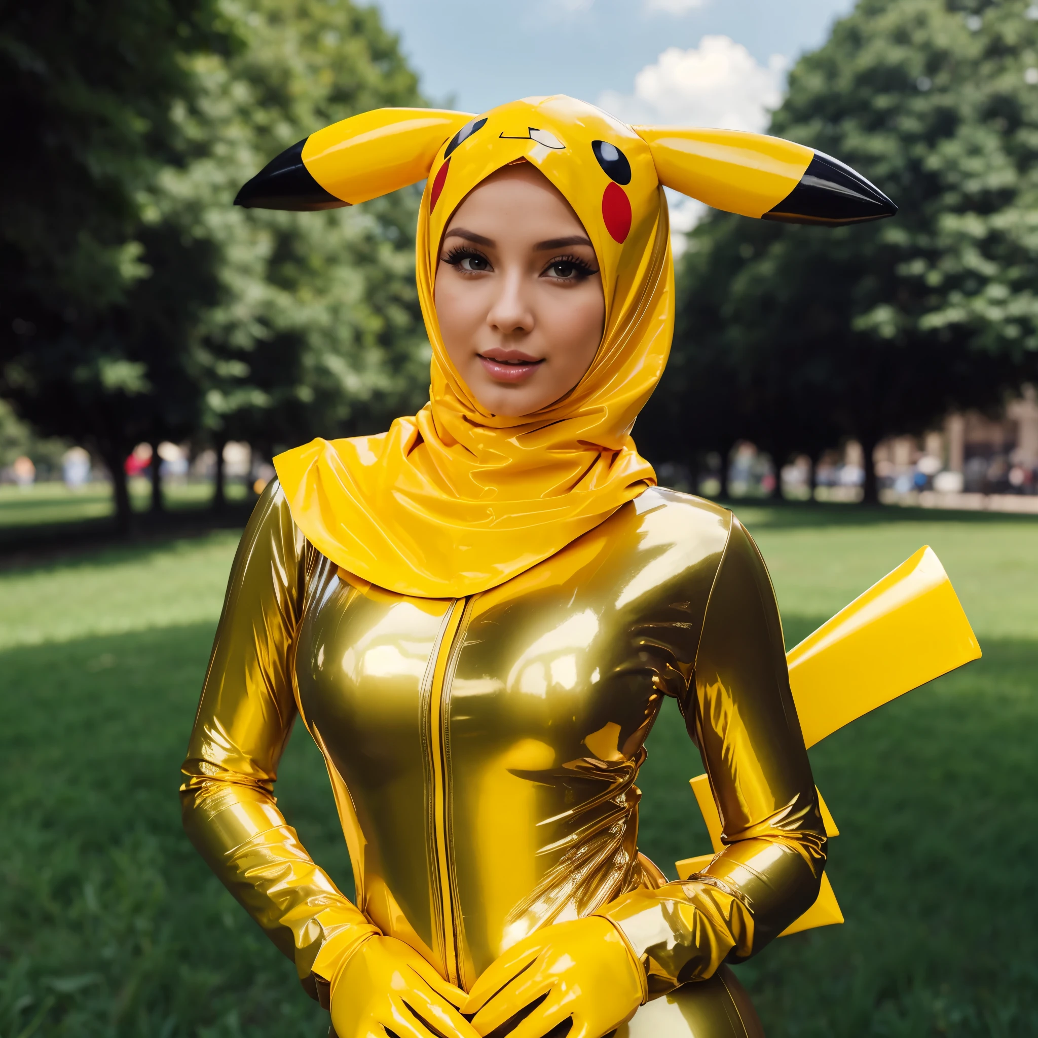 There is a woman in a shiny gold costume posing for a picture - SeaArt AI