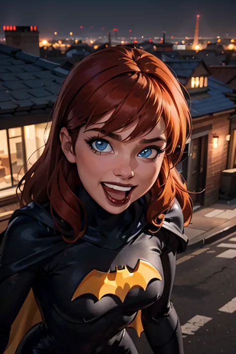 babs, red hair, blue eyes, black bodysuit,cape, looking at viewer, happy, laughing, mouth open, close up shot, 
outside, apartme...