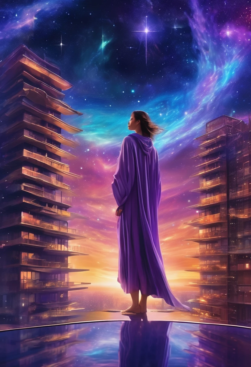 Female figure standing on the roof of a high-rise building, (Roof Focus), Surrounded by a vortex of cosmic energy, dreaming, Hazy landscape, The flowing starlight wraps around the human figure, A flowing robe that blends in with the galaxy, The sky is a tapestry of deep purples and blues, The stars shine, The scenery below is a series of rolling high-rise buildings, The scene was quiet and solemn, A way to capture the majestic essence of the universe, Contemplative figure standing in awe, Ultra HD, masterpiece, precise, anatomically correct, best quality, 8k