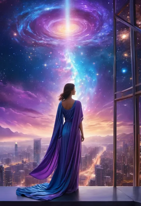 Female figure standing on the roof of a high-rise building, (Roof Focus), Surrounded by a vortex of cosmic energy, dreaming, Haz...