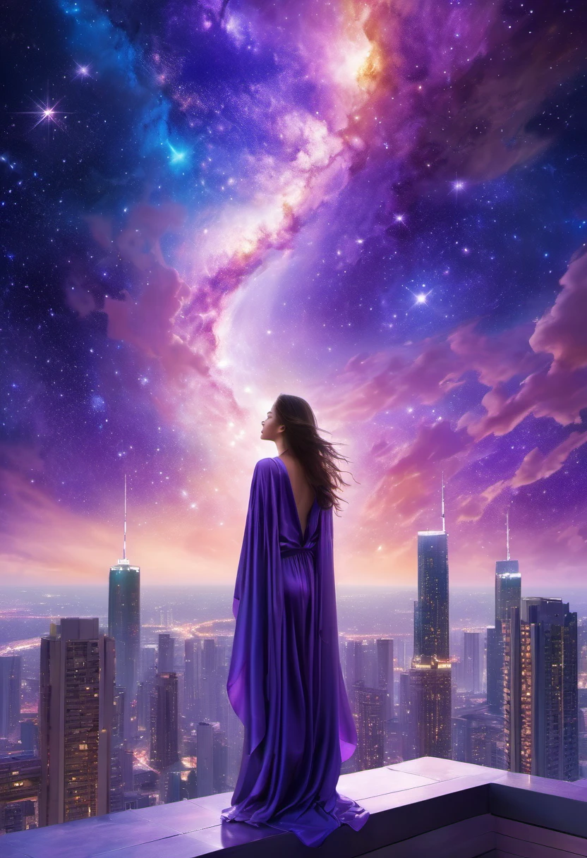 Female figure standing on the roof of a high-rise building, (Roof Focus), Surrounded by a vortex of cosmic energy, dreaming, Hazy landscape, The flowing starlight wraps around the human figure, A flowing robe that blends in with the galaxy, The sky is a tapestry of deep purples and blues, The stars shine, The scenery below is a series of rolling high-rise buildings, The scene was quiet and solemn, A way to capture the majestic essence of the universe, Contemplative figure standing in awe, Ultra HD, masterpiece, precise, anatomically correct, best quality, 8k