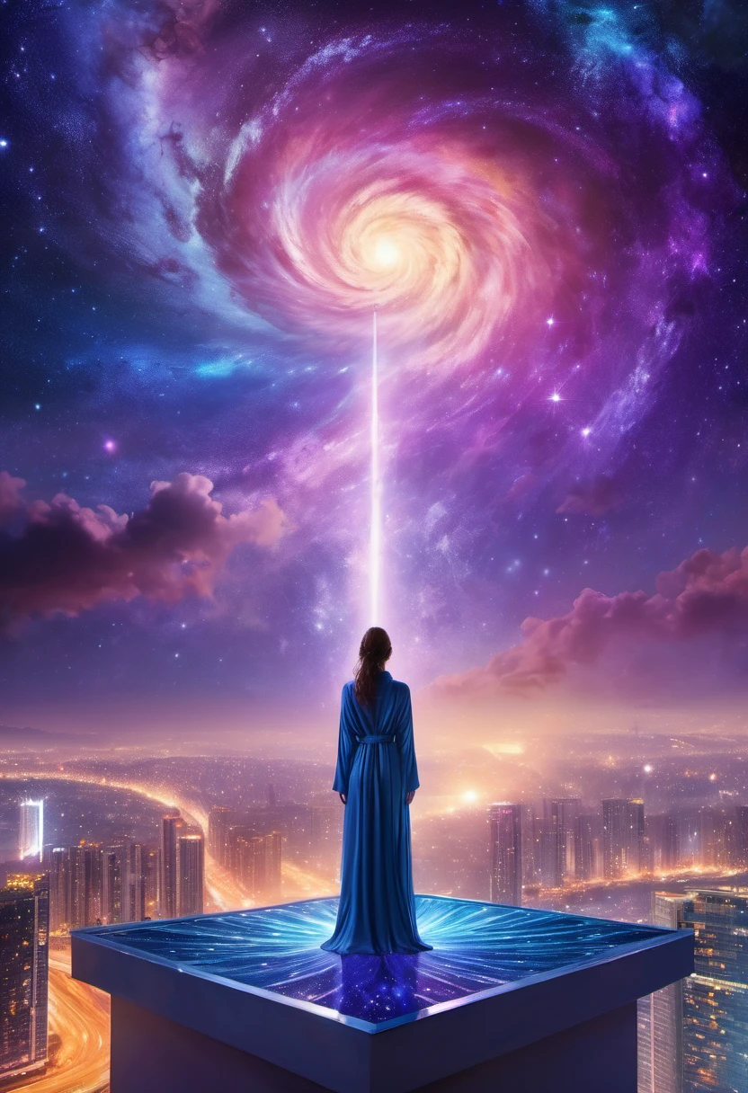 Female figure standing on the roof of a high-rise building, (Roof Focus), Surrounded by a vortex of cosmic energy, dreaming, Hazy landscape, The flowing starlight wraps around the human figure, A flowing robe that blends in with the galaxy, The sky is a tapestry of deep purples and blues, The stars shine, The scenery below is a series of rolling high-rise buildings, The scene was quiet and solemn, A way to capture the majestic essence of the universe, Contemplative figure standing in awe, Ultra HD, masterpiece, precise, anatomically correct, best quality, 8k