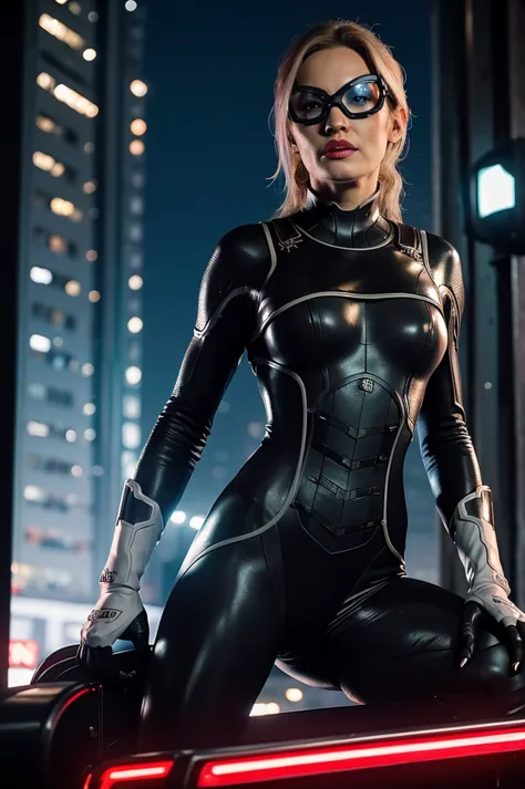 Minka Kelly Black Cat standing at the New York roofs, neon lights, night, red lips, bodysuit, mask, closed mouth, sexy look, ope...