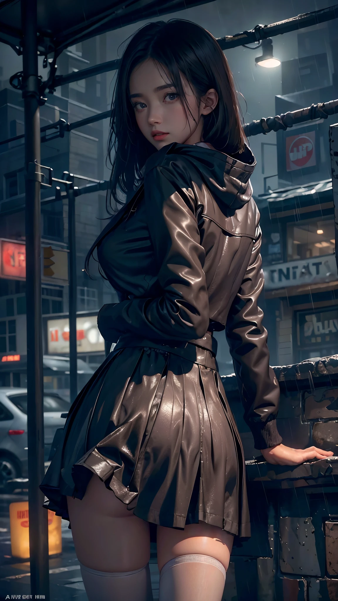 ((8k，masterpiece，best quality，Super detailed，Realistically))，extremely detailed face，Movie Lighting，Movie Lighting，Ray Tracing，Unlit Hair， On cloudy streets，Corner store，bus stop，rainstorm、heavy rain，Girl with dark hair and dark eyes.。(She was wearing a red fur-trimmed hooded jacket，White top，Short black skirt and black garter belt，clothes soaked by rain，Black exposure，outdoor depth tent ），Cinema lens lighting