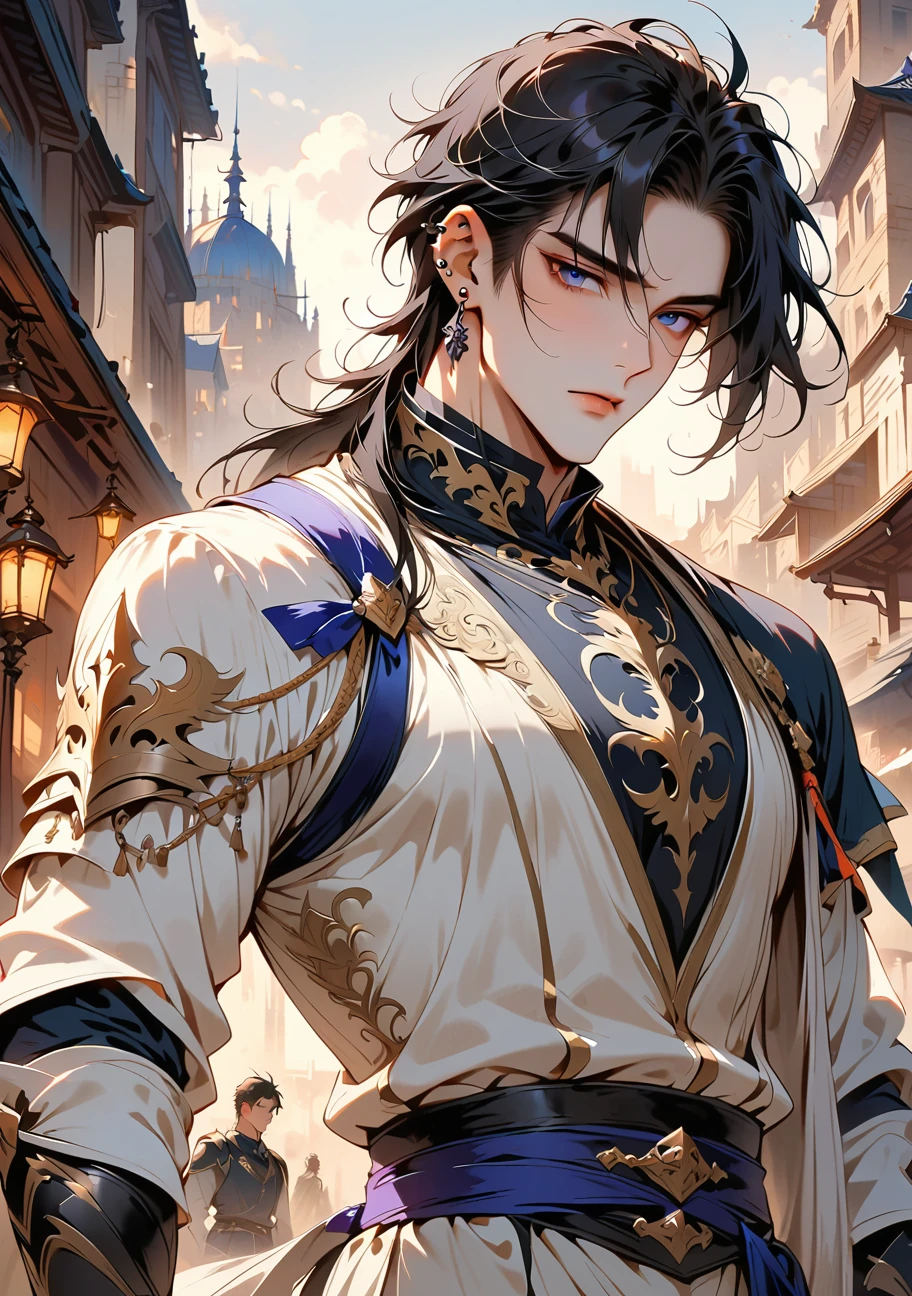 (masterpiece, best quality:1.2), 1 boy, alone, handsome boy, messy black hair, beautiful narrow eyes, purple and blue eyes, shining eyes, muscular body, knight clothing, black purple grey white colored clothing, detailed clothes, black fingerless gloves, city background, (boy is looking at camera:1.2), (smooth soft pale skin:1.2), (ear piercings:1.2), beautiful lighting, detailed background