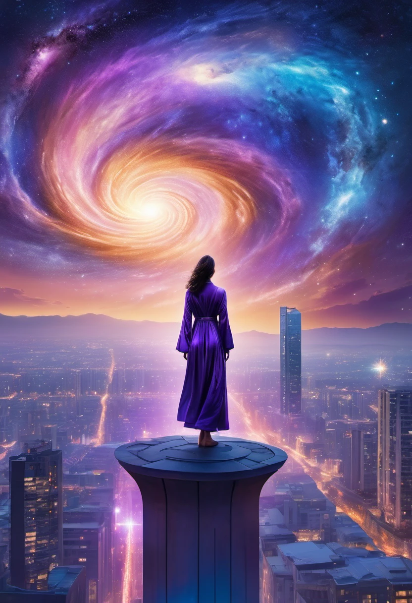 Female figure standing on the roof of a high-rise building, (Roof Focus), Surrounded by a vortex of cosmic energy, dreaming, Hazy landscape, The flowing starlight wraps around the human figure, A flowing robe that blends in with the galaxy, The sky is a tapestry of deep purples and blues, The stars shine, The scenery below is a series of rolling high-rise buildings, The scene was quiet and solemn, A way to capture the majestic essence of the universe, Contemplative figure standing in awe, Ultra HD, masterpiece, precise, anatomically correct, best quality, 8k