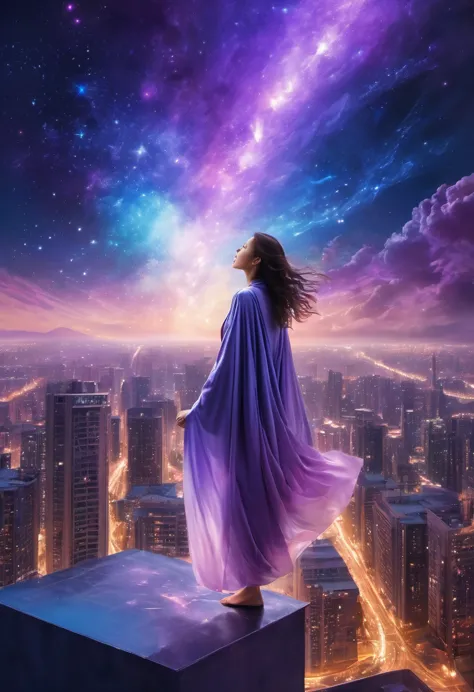 Female figure standing on the roof of a high-rise building, (Roof Focus), Surrounded by a vortex of cosmic energy, dreaming, Haz...