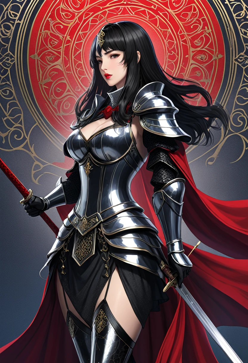 最high quality, high quality, High resolution, high qualityの質感, high qualityの影, Attention to detail, Beautiful details, In detail, Highly detailed CG, Detailed Texture, Realistic facial expressions, Realistic, colorful, delicate, Cinematic Light, Side lighting, ((female knight)), Wear a long-sleeved helmet, Full armor with black decoration, Brown patterned cloak with patterned decorations, , upholstered gloves, Black patterned see-through half stockings, Afed woman with long hair and red lipstick, Ekaterina, profile image, Red lips, Sword-holding pose, Dynamic pose, Glaring and screaming face, A confident smile, Professional photography, 30-year-old woman, 30-year-old woman, Angie Wolfe, Jessica Devich Photos, Professional profile photo, Moleksandra Shasliva, Straight black hair, ((Tarot card-style design)), ((Trading card-like design)), background, Geometric patterns that imitate spelling letters