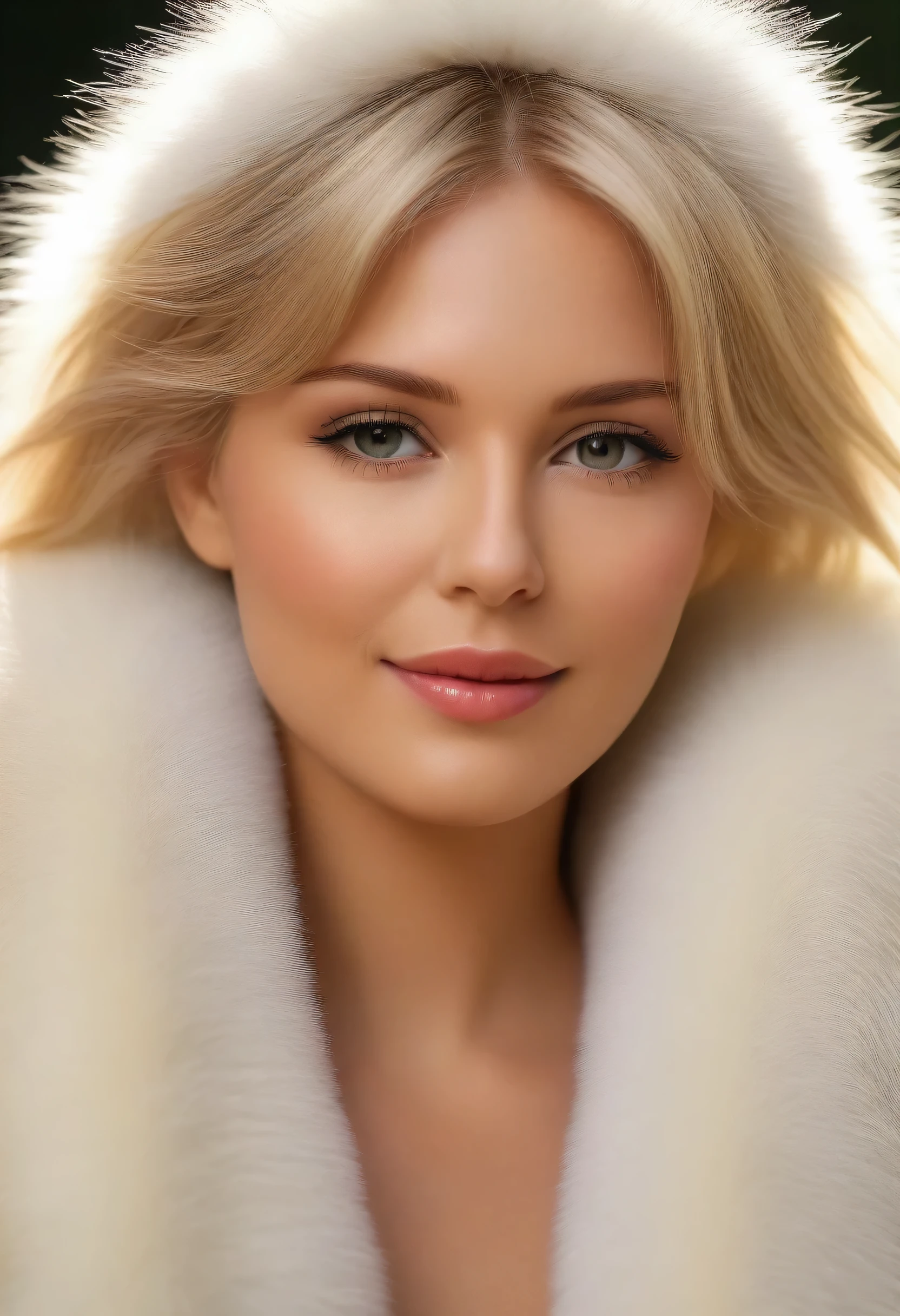 A close up of a woman wearing a fur coat and a white dress - SeaArt AI