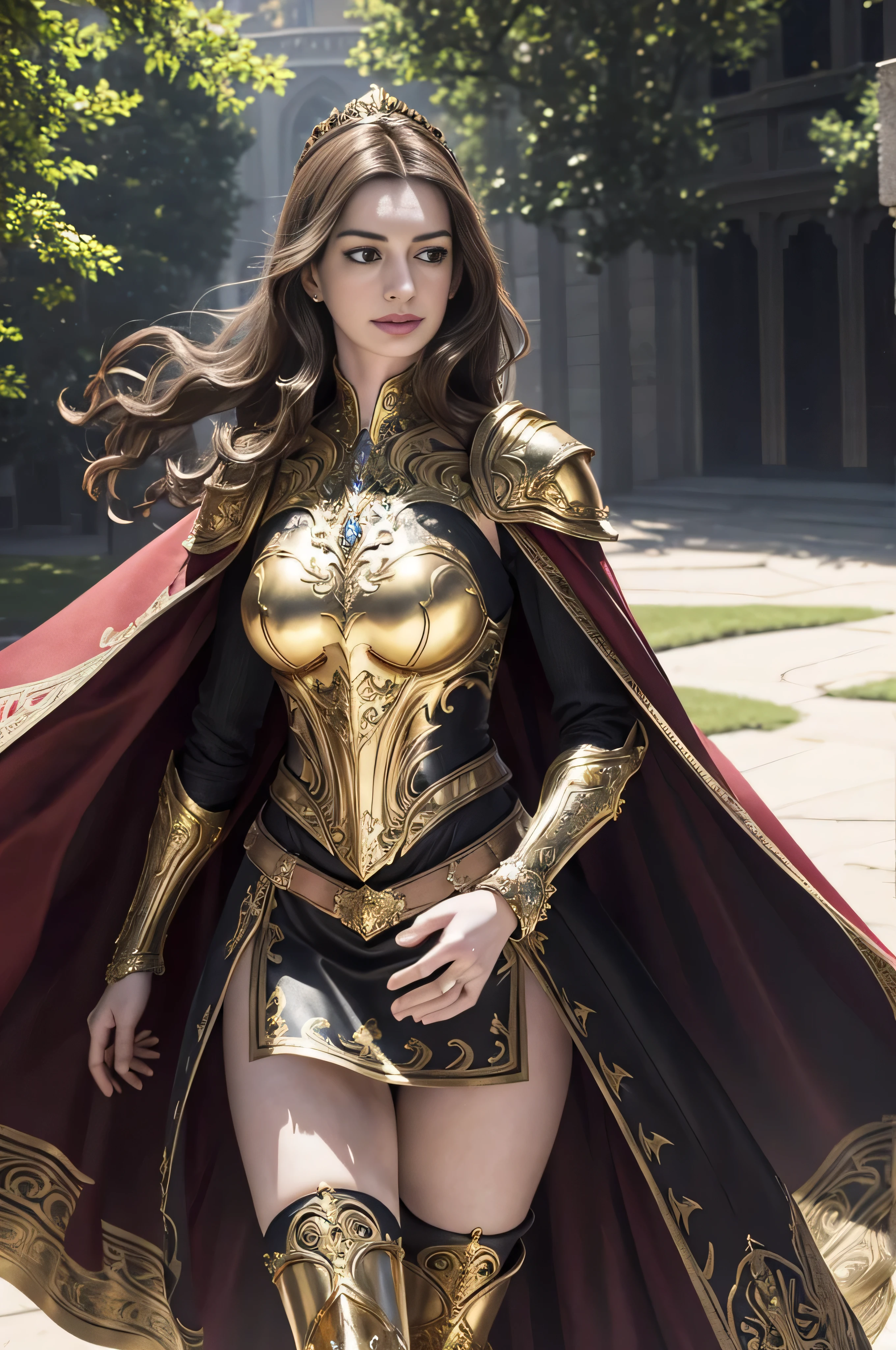 ((Anne Hathaway in ornate gold plate armor)), award winning concept art of tall (1girl) in ornate plate armor, elegant, ((looking front)), facing front, high long ponytail, dramatic long flowing hair, model on runway, epic, god rays, centered, (masterpiece:1.2), (best quality:1.2), Amazing, highly detailed, beautiful, finely detail, warm soft color grading, Depth of field, extremely detailed 8k, fine art, stunning, iridescent, shiny, light reflections, crisp, curls, wind, outdoor palace, regal pose, royal pose, hyper realism, vibrant, sunlit, edge detection, (miniskirt), pelvic cover, thigh high boots, knees, long flowing cape