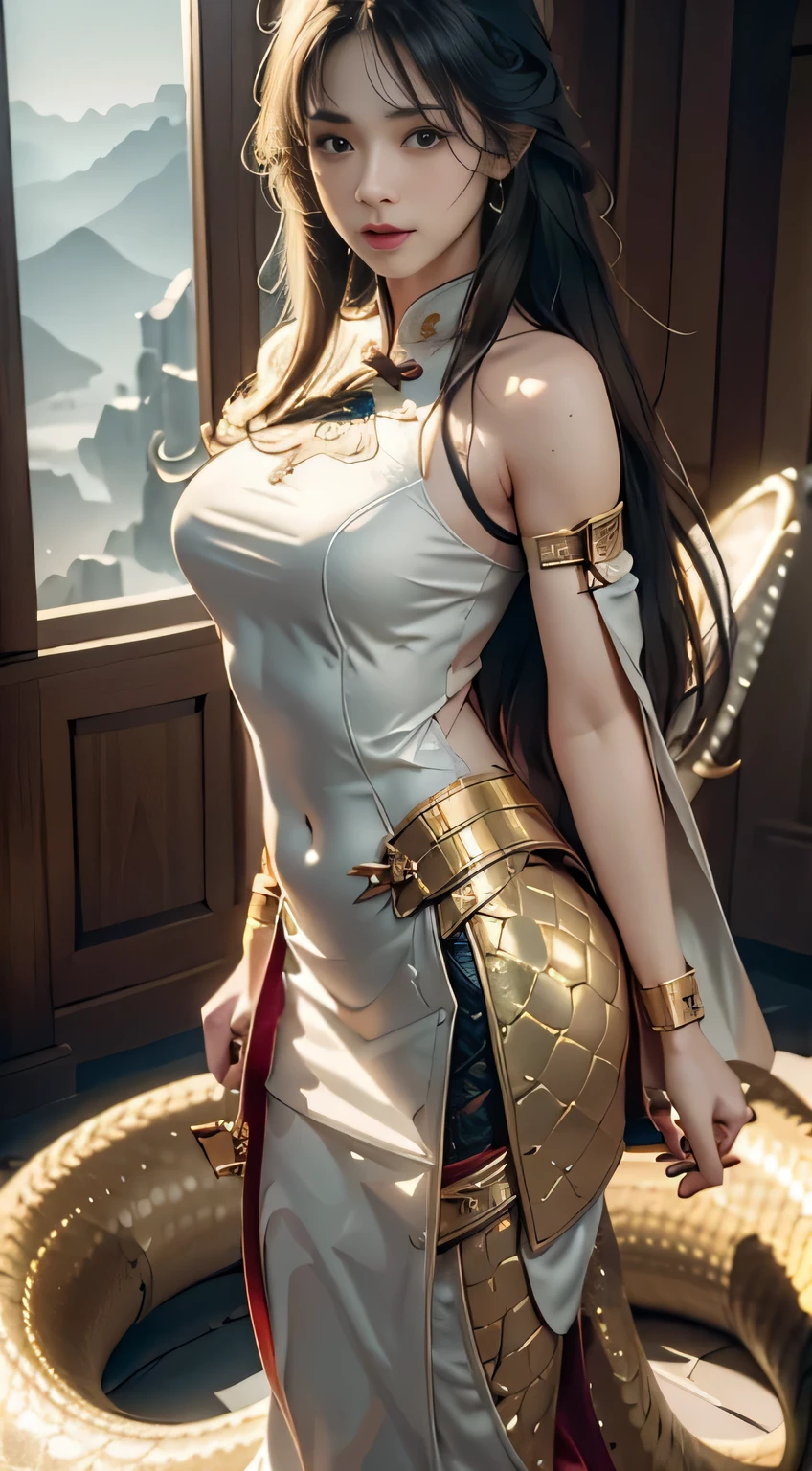 ((best quality)), ((masterpiece)), (detailed:1.4), 3D,fly in the sky，White Cloud， A beautiful Chinese classical palace costume,Classical Hanfu，Human snake tail。Human snake tail。Human snake tail。Nuwa Goddess，Gold armor dress，Long black hair flutters in the wind，Full body portrait，Handheld weapons，At the top of Kunlun Mountain，HDR (High Dynamic Range),Ray Tracing,NVIDIA RTX,Super Resolution,Unreal 5,Subsurface scattering,PBR Textures,Post-Processing,Anisotropic filtering,Depth of Field,Maximum clarity and sharpness,Multi-layered textures,Albedo and Specular Maps,Surface Shading,Accurately simulate the interaction of light with materials,Perfect proportion,Octane Rendering,Two-color lighting,Large aperture,Low ISO,White Balance,Rule of Thirds,8K Native,