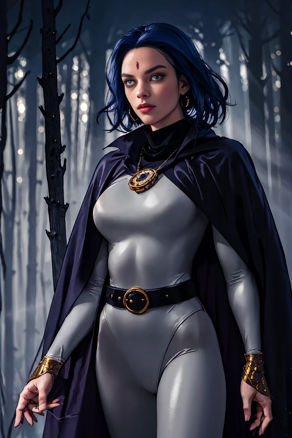 1girl, cowboy shot of rvn, hotraven, pale skin, black leotard, turtleneck, tights, cape, glowing eyes, gold belt, jewels, medallion, athletic, looking at viewer, night, dark forest, mist, fog, volumetric lighting, best quality, masterpiece, intricate details, tonemapping, sharp focus, hyper detailed, realistic