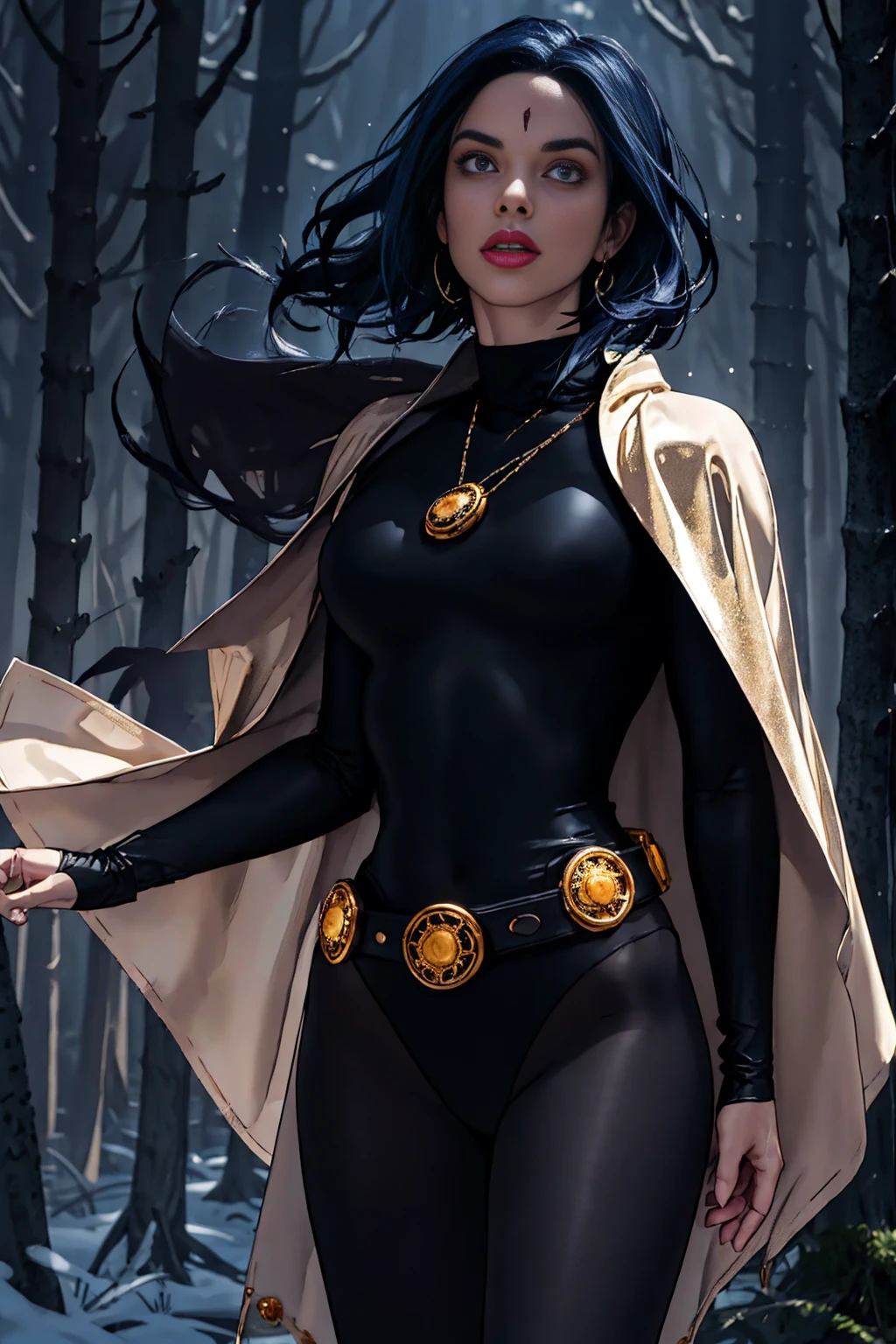 1girl, cowboy shot of rvn, hotraven, pale skin, black leotard, turtleneck, tights, cape, glowing eyes, gold belt, jewels, medallion, athletic, looking at viewer, night, dark forest, mist, fog, volumetric lighting, best quality, masterpiece, intricate details, tonemapping, sharp focus, hyper detailed, realistic