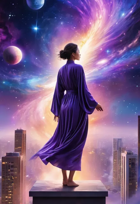 female figure standing on the roof of a high-rise building, (roof focus), surrounded by a vortex of cosmic energy, dreaming, haz...