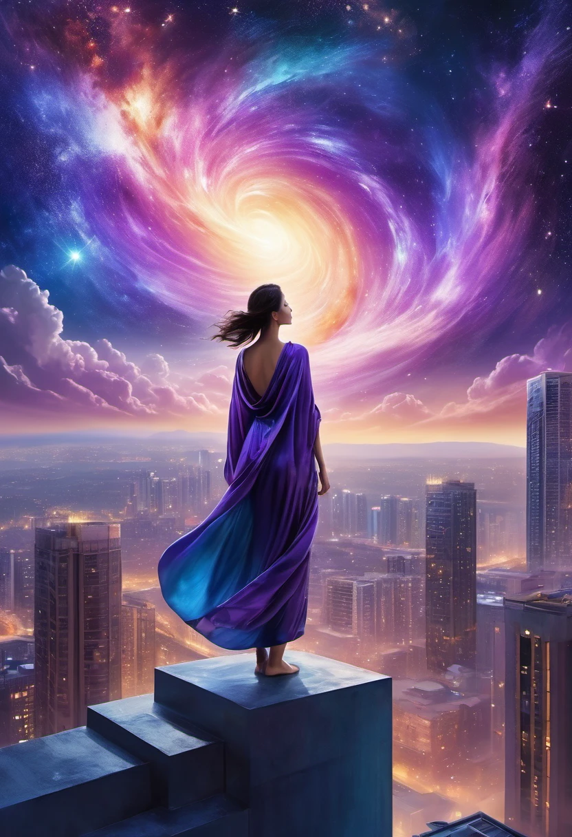 Female figure standing on the roof of a high-rise building, (Roof Focus), Surrounded by a vortex of cosmic energy, dreaming, Hazy landscape, The flowing starlight wraps around the human figure, A flowing robe that blends in with the galaxy, The sky is a tapestry of deep purples and blues, The stars shine, The scenery below is a series of rolling high-rise buildings, The scene was quiet and solemn, A way to capture the majestic essence of the universe, Contemplative figure standing in awe, Ultra HD, masterpiece, precise, anatomically correct, best quality, 8k