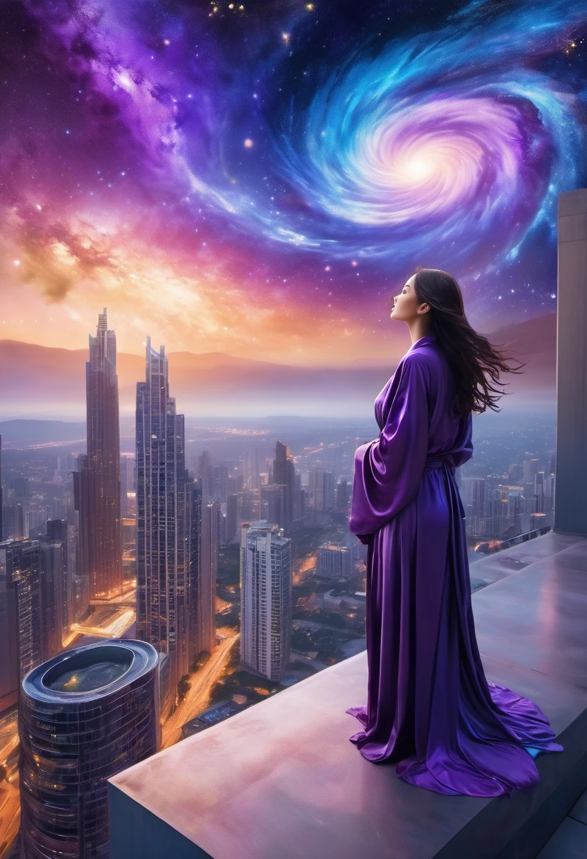 Female figure standing on the roof of a high-rise building, (Roof Focus), Surrounded by a vortex of cosmic energy, dreaming, Hazy landscape, The flowing starlight wraps around the human figure, A flowing robe that blends in with the galaxy, The sky is a tapestry of deep purples and blues, The stars shine, The scenery below is a series of rolling high-rise buildings, The scene was quiet and solemn, A way to capture the majestic essence of the universe, Contemplative figure standing in awe, Ultra HD, masterpiece, precise, anatomically correct, best quality, 8k