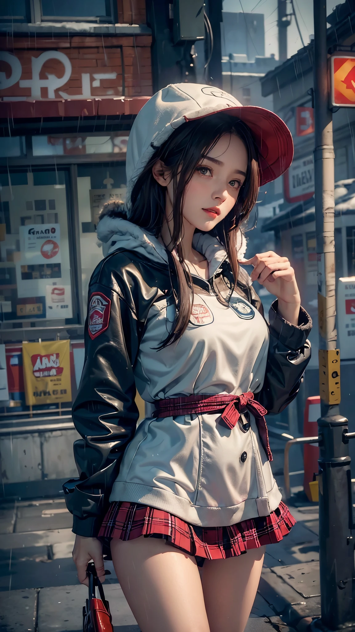 ((8k，masterpiece，best quality，Super detailed，Realistically))，extremely detailed face，Ray Tracing， Corner store，bus stop，Girl with dark hair and dark eyes，perfect thighs，(Red Fur Trim Hooded Jacket，White top，student shoes，red skirt，Black garters，clothes soaked by rain，Black exposure，outdoor depth tent )，