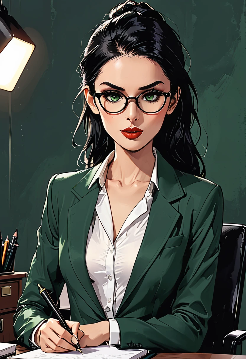 a girl sits in a chair with a notepad and a pen, a hand holds a pen, a girl in a classic dark green suit with round glasses and a white shirt (on a dark office background), (open mouth), (mouth opened), adult, [European], Ectomorph elongated body, slim body, skinny, perfect white skin, Long Diamond type Face, Long slim neck, broad shoulders, long slim thin arms, long fingers on the hands, round forehead, Attached Pointed ears, Long Sleek Straight Ponytail Slicked back black Hair, Hawk long Nose, Upturned Eyes type, Bold Tapered Eyebrows, Angular Narrow Symmetrical Cheekbones, Hollow Cheeks, Square Chin, Square Jawline, Heart Shaped nude Lips, Fine Puppet Wrinkles, (dark green eyes), Cut Crease make up style, Full on Top or Bottom breasts, second breast size, narrow hips, Slim thighs, graphic style of novel comics, perfect hands, 2d, 8k, hyperrealism, masterpiece, high resolution, best quality, ultra-detailed, super realistic, Hyperrealistic art, high-quality, ultra high res, highest detailed, lot of details, Extremely high-resolution details, incredibly lifelike, colourful, soft cinematic light,