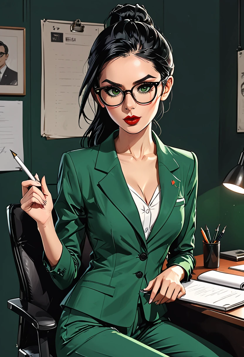 a girl sits in a chair with a notepad and a pen, a hand holds a pen, a girl in a classic dark green suit with round glasses and a white shirt (on a dark office background), (open mouth), (mouth opened), adult, [European], Ectomorph elongated body, slim body, skinny, perfect white skin, Long Diamond type Face, Long slim neck, broad shoulders, long slim thin arms, long fingers on the hands, round forehead, Attached Pointed ears, Long Sleek Straight Ponytail Slicked back black Hair, Hawk long Nose, Upturned Eyes type, Bold Tapered Eyebrows, Angular Narrow Symmetrical Cheekbones, Hollow Cheeks, Square Chin, Square Jawline, Heart Shaped nude Lips, Fine Puppet Wrinkles, (dark green eyes), Cut Crease make up style, Full on Top or Bottom breasts, second breast size, narrow hips, Slim thighs, graphic style of novel comics, perfect hands, 2d, 8k, hyperrealism, masterpiece, high resolution, best quality, ultra-detailed, super realistic, Hyperrealistic art, high-quality, ultra high res, highest detailed, lot of details, Extremely high-resolution details, incredibly lifelike, colourful, soft cinematic light,