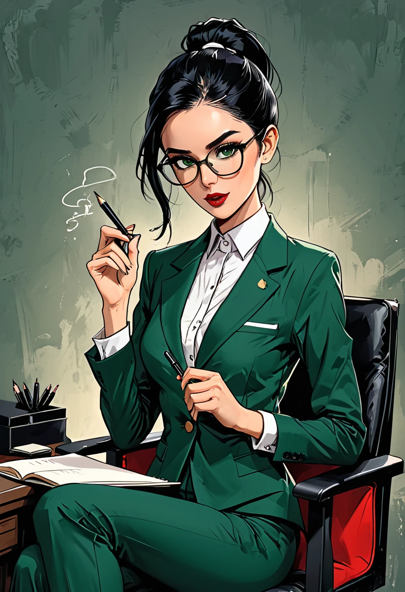 a girl sits in a chair with a notepad and a pen, a hand holds a pen, a girl in a classic dark green suit with round glasses and a white shirt (on a dark office background), (open mouth), (mouth opened), adult, [European], Ectomorph elongated body, slim body, skinny, perfect white skin, Long Diamond type Face, Long slim neck, broad shoulders, long slim thin arms, long fingers on the hands, round forehead, Attached Pointed ears, Long Sleek Straight Ponytail Slicked back black Hair, Hawk long Nose, Upturned Eyes type, Bold Tapered Eyebrows, Angular Narrow Symmetrical Cheekbones, Hollow Cheeks, Square Chin, Square Jawline, Heart Shaped nude Lips, Fine Puppet Wrinkles, (dark green eyes), Cut Crease make up style, Full on Top or Bottom breasts, second breast size, narrow hips, Slim thighs, graphic style of novel comics, perfect hands, 2d, 8k, hyperrealism, masterpiece, high resolution, best quality, ultra-detailed, super realistic, Hyperrealistic art, high-quality, ultra high res, highest detailed, lot of details, Extremely high-resolution details, incredibly lifelike, colourful, soft cinematic light,