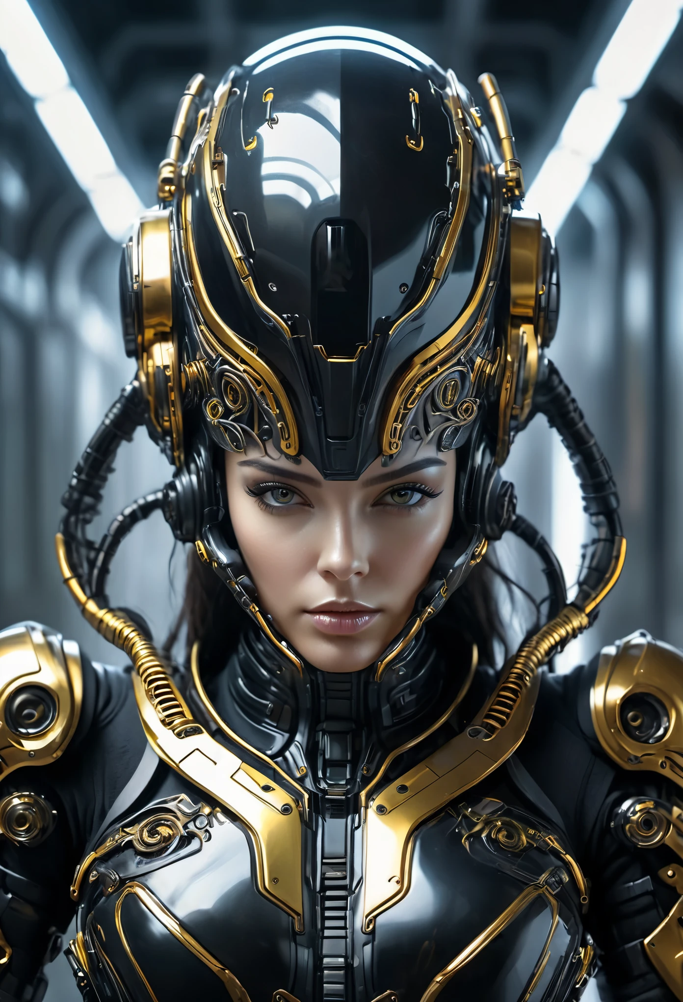 armed female figure in a black sci-fi suit, wearing a cyberpunk style shiny black helmet with robotic features, the reflection on her face is made of glowing golden wires with intricate details, (Artstation:1.1), (intricate:1.1), (great eye detail:0.7), solo, female, looking at viewer, photorealistic, 8k, unreal engine, inspired by HR Giger, half body portrait, highly detailed,