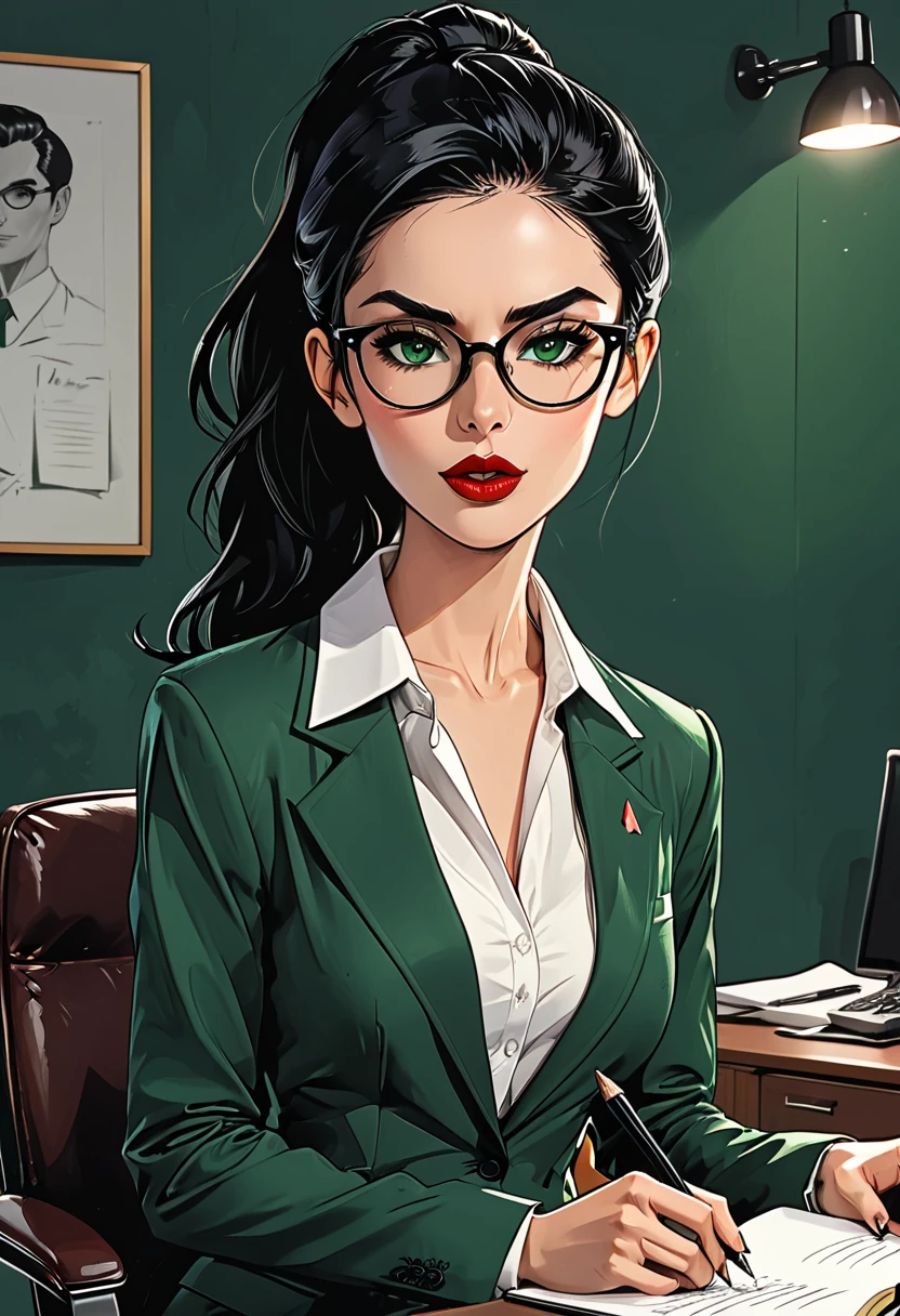 a girl sits in a chair with a notepad and a pen, a hand holds a glass, a girl in a classic dark green suit with round glasses and a white shirt (on a dark office background), (open mouth), (mouth opened), adult, [European], Ectomorph elongated body, slim body, skinny, perfect white skin, Long Diamond type Face, Long slim neck, broad shoulders, long slim thin arms, long fingers on the hands, round forehead, Attached Pointed ears, Long Sleek Straight Ponytail Slicked back black Hair, Hawk long Nose, Upturned Eyes type, Bold Tapered Eyebrows, Angular Narrow Symmetrical Cheekbones, Hollow Cheeks, Square Chin, Square Jawline, Heart Shaped nude Lips, Fine Puppet Wrinkles, (dark green eyes), Cut Crease make up style, Full on Top or Bottom breasts, second breast size, narrow hips, Slim thighs, graphic style of novel comics, perfect hands, 2d, 8k, hyperrealism, masterpiece, high resolution, best quality, ultra-detailed, super realistic, Hyperrealistic art, high-quality, ultra high res, highest detailed, lot of details, Extremely high-resolution details, incredibly lifelike, colourful, soft cinematic light,