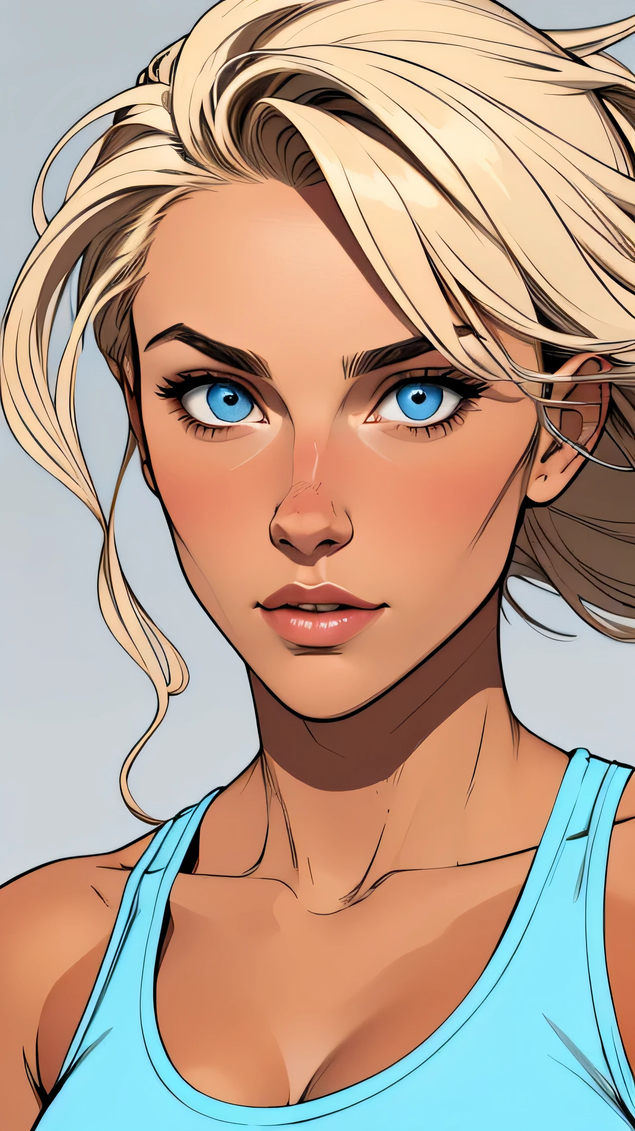 
Flat colors,close-up, portrait,  of a 25 year old surfer looking girl, tan skin, ([blue eyes]) Beach blonde salty hair, natural beaty, beautiful, casual, blue tank top, masterpiece, (([Simple grey background]))

