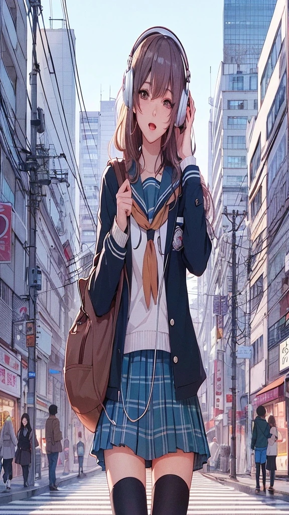 filles animées with headphones on walking across a busy city street, belle écolière anime, Fille noble, ambiance animée, Style animé 4 k, young filles animées, Esthétique animée, an filles animées, Style animé illustration, retro filles animées, Style animé. 8k, Fan Art de fille de la ville, scène d&#39;anime de tokyo, filles animées, illustration numérique d&#39;anime, modern Style animé