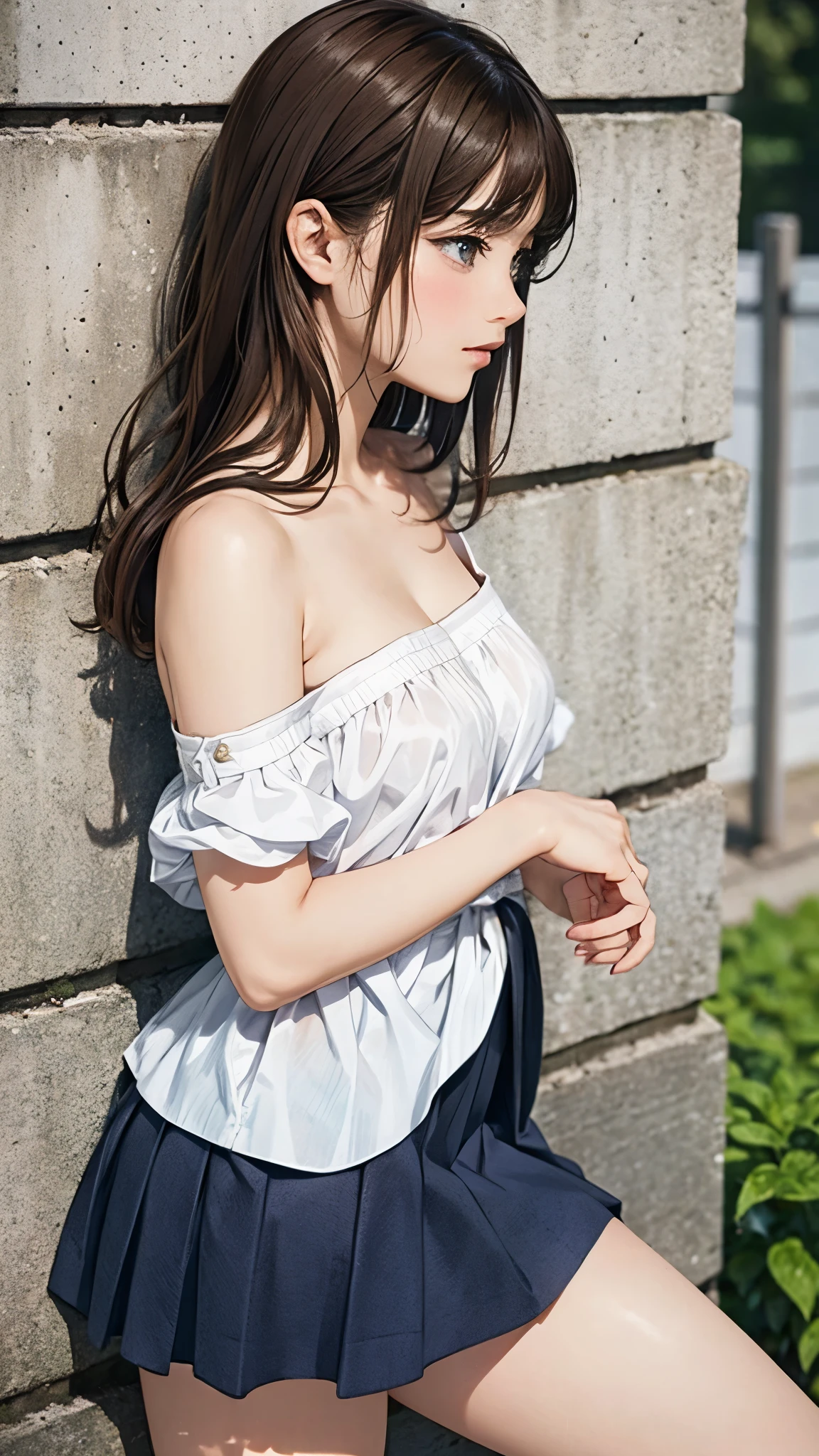 highest quality、4K quality、lean against the wall、Beautiful cleavage、Beautiful Style、tall、Small breasts、Bare buttocks、Small Ass、Shy face、20 year old princess、Bare shouldery skirt is blown up by the wind、ultra detail eye,Shooting from behind、Off-the-shoulder summer dress、Grab the hem of your skirt、nude legs