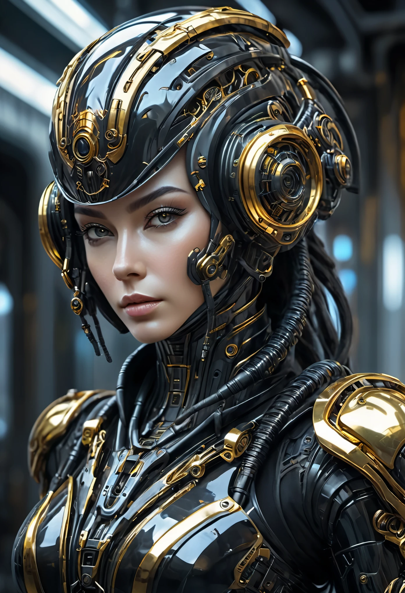 armed female figure in a black sci-fi suit, wearing a cyberpunk style shiny black helmet with robotic features, the reflection on her face is made of glowing golden wires with intricate details, (Artstation:1.1), (intricate:1.1), (great eye detail:0.7), solo, female, looking at viewer, photorealistic, 8k, unreal engine, inspired by HR Giger, half body portrait, highly detailed,